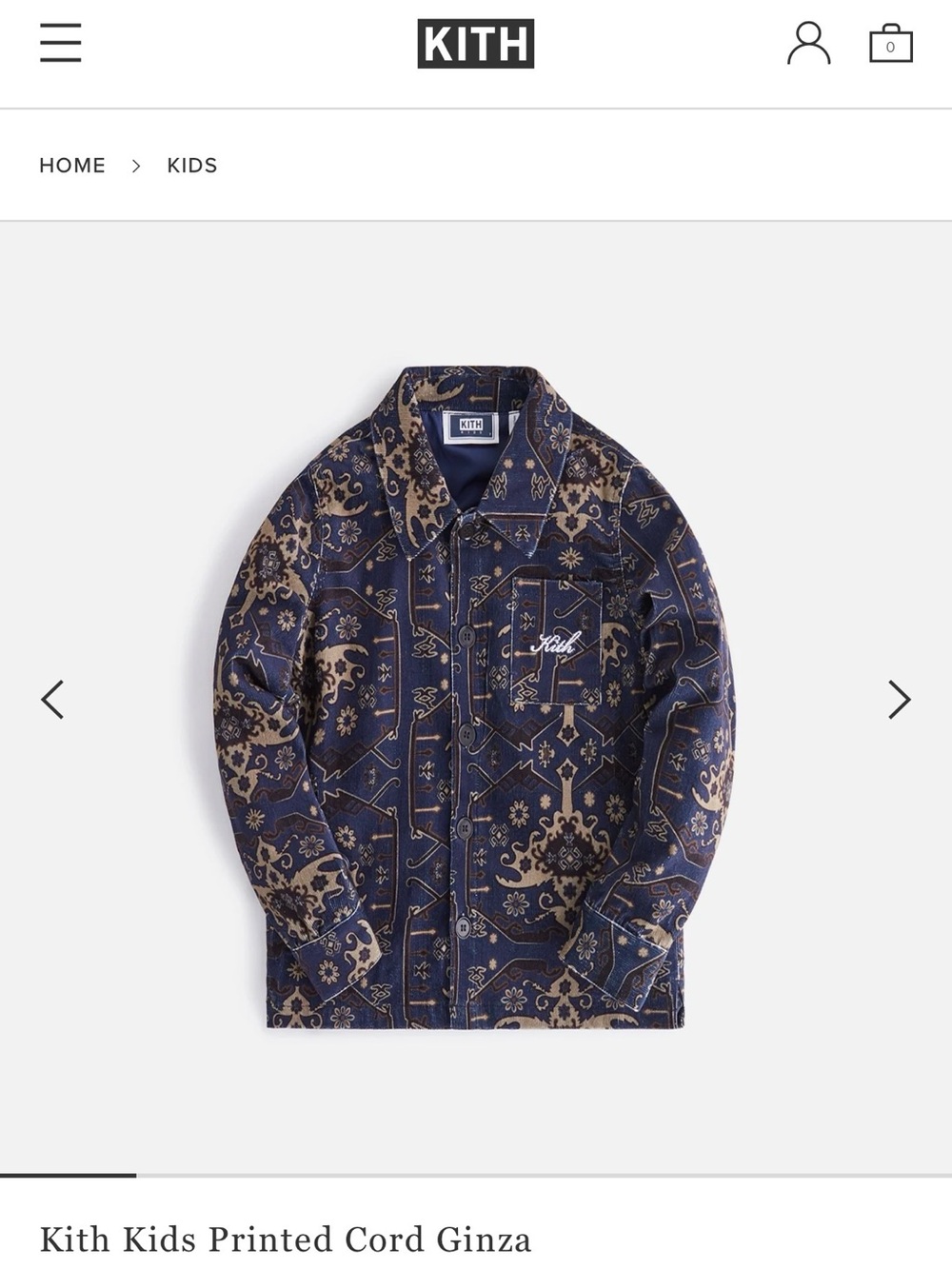 Kith Kids Printed Corduroy Jacket in Navy and Tan Pattern